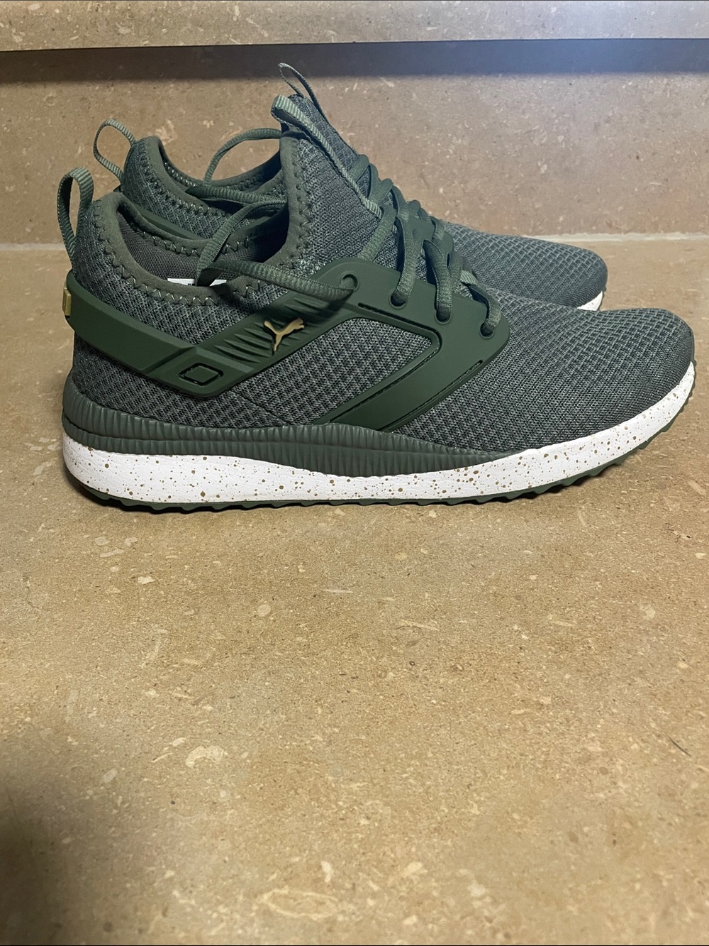 Puma Men’s Olive Green Knit Lace-Up Sneakers with Speckled White Sole
